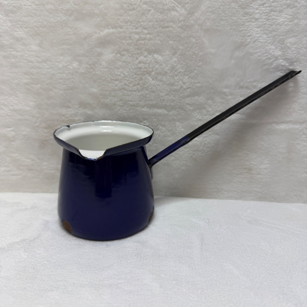 VTG Long Handle Cobalt Blue Enamel Turkish Coffee Pot Camping, RV'g, Farmhouse‎